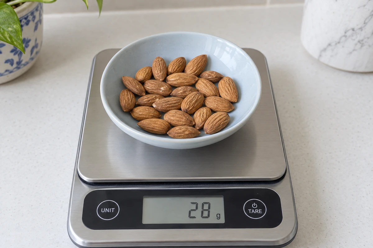A 28 gram serving of whole almonds on a kitchen scale
