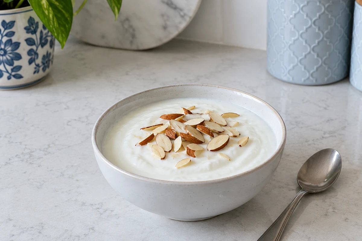 Plain dahi topped with sliced almonds