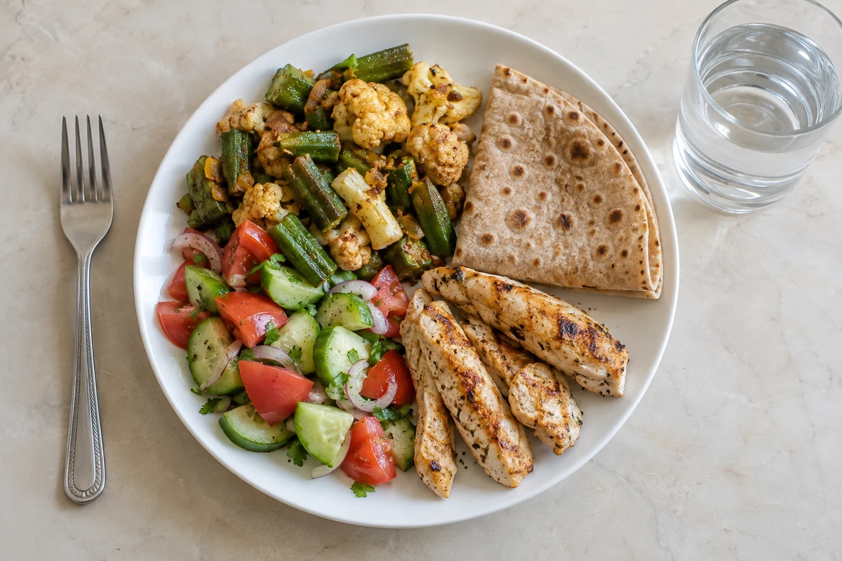Plate of bhindi, cauliflower, salad, grilled chicken and folded whole-wheat roti with water
