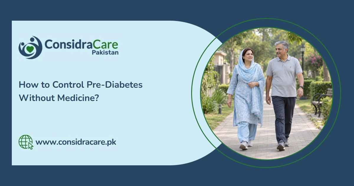 Pakistani adults walking outdoors beside the title How to Control Pre-Diabetes Without Medicine?