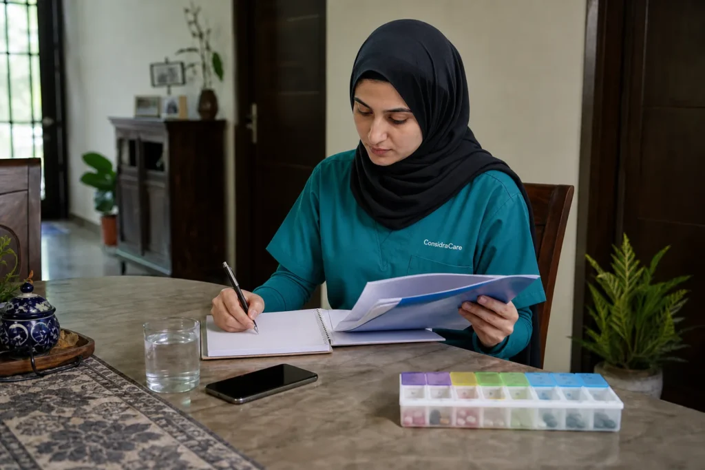 ConsidraCare caregiver organizing a daily recovery routine after surgery