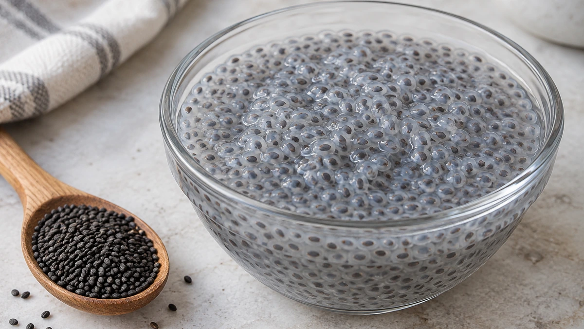 Dry basil seeds beside a bowl of soaked seeds with translucent gel coatings