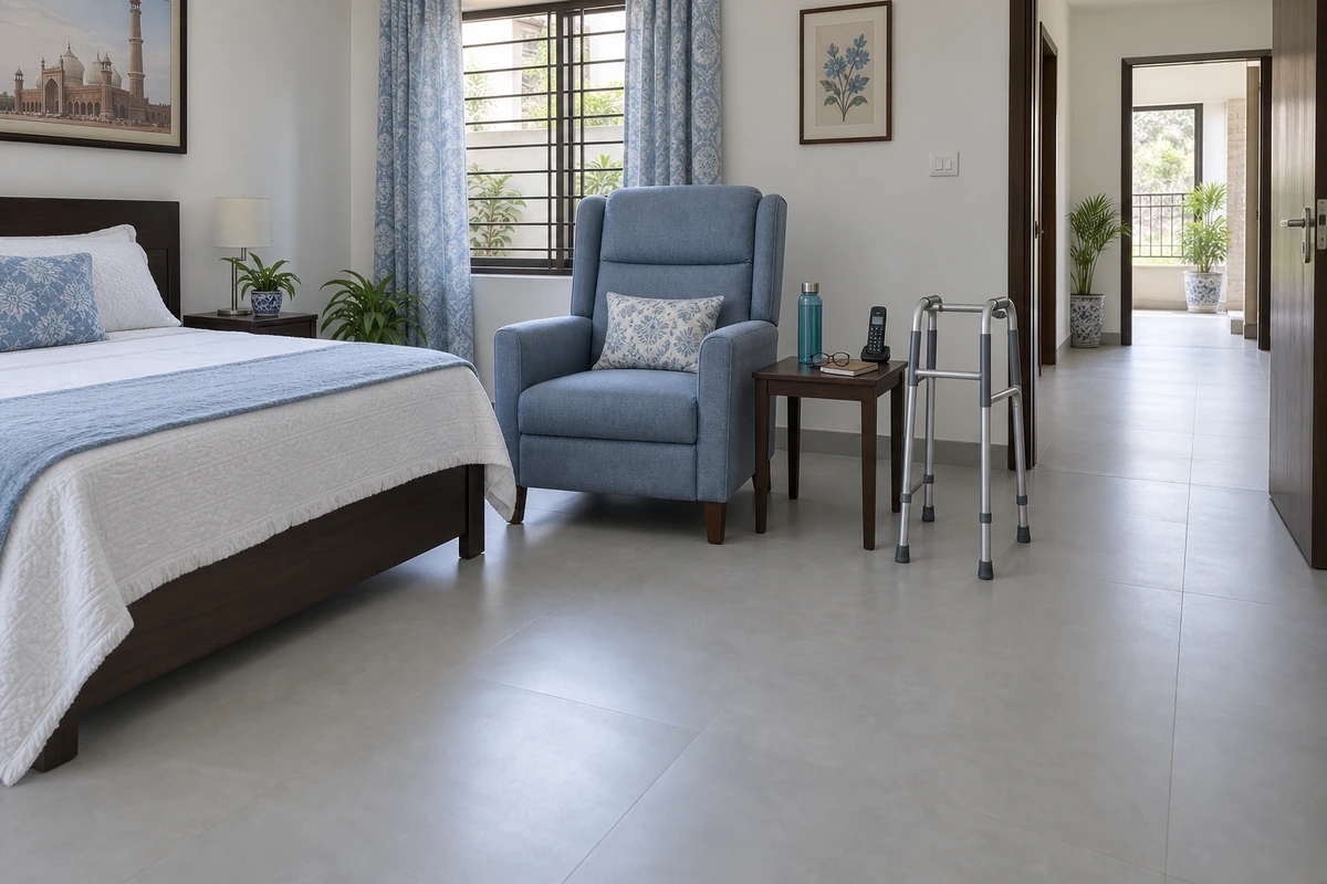 Home recovery area with supportive seating, accessible essentials and a clear walking route