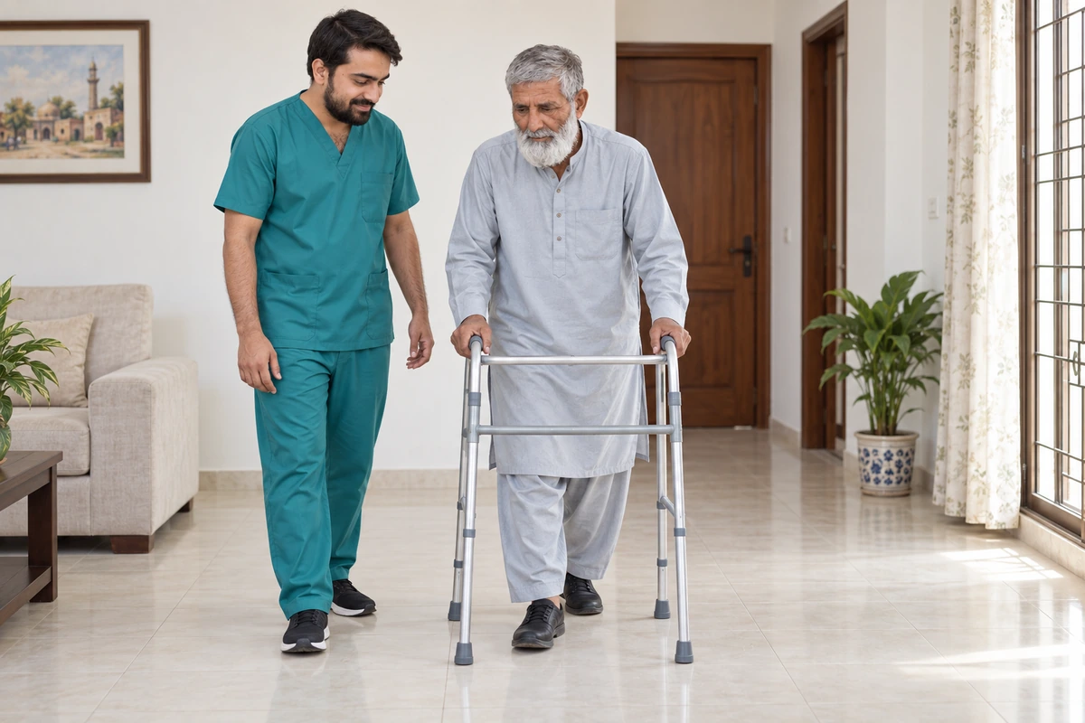 Older adult using a walking frame under supervision in a clear home walking space
