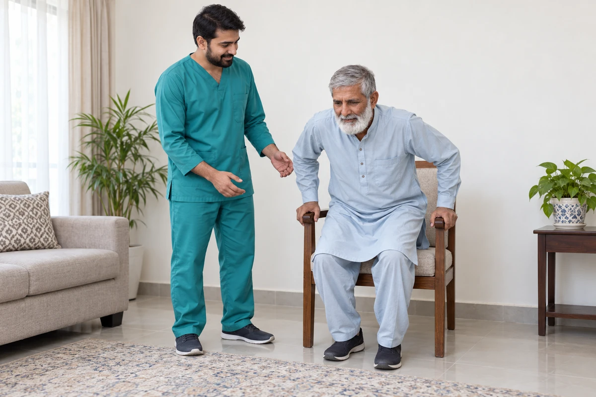 Older Pakistani man rising from a sturdy chair with a caregiver in teal-green scrubs nearby