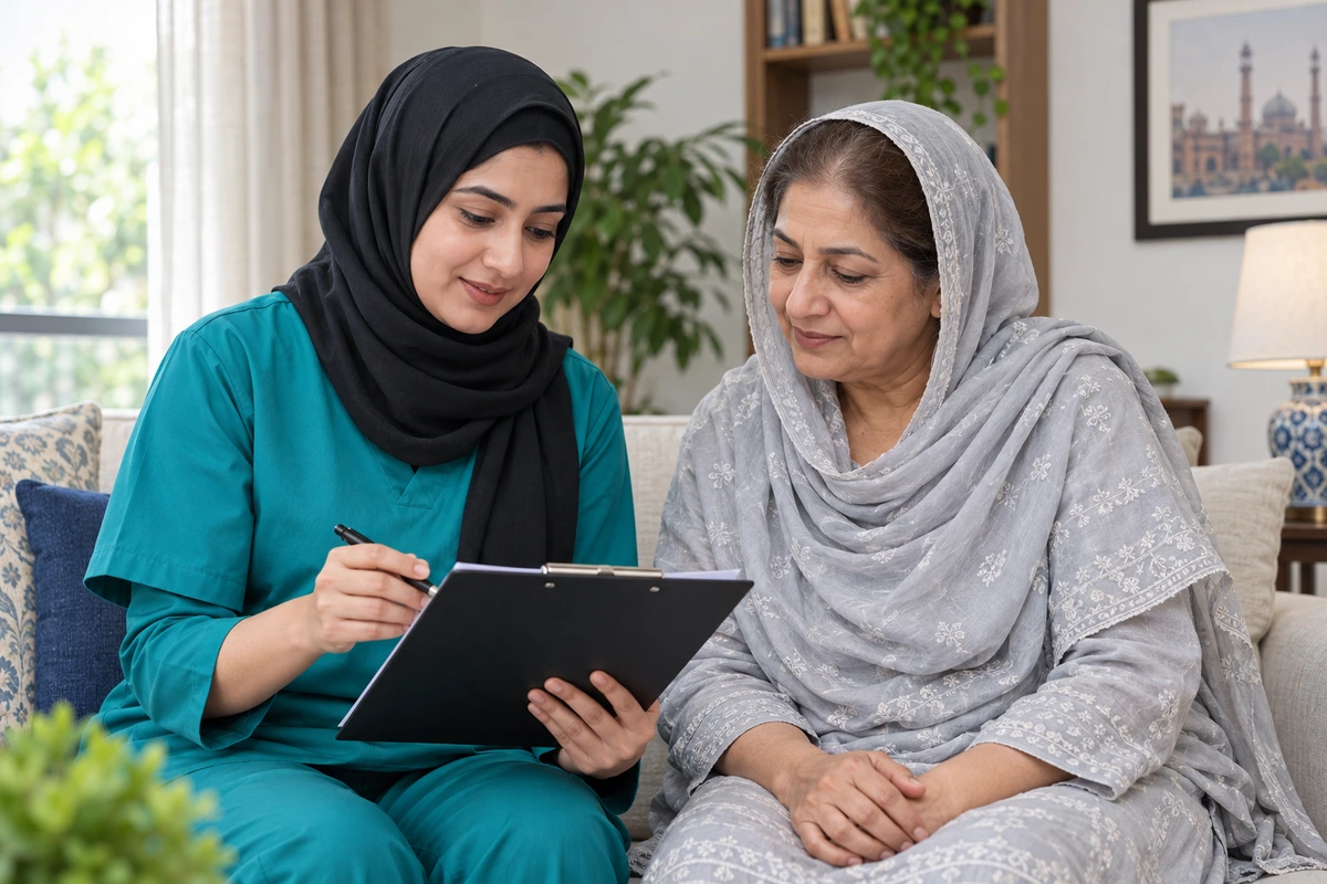 Nurse reviewing a prescription with a patient before a home visit procedure.