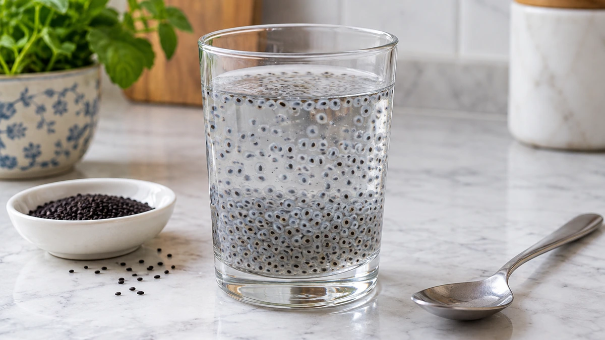 Food-grade basil seeds soaking in a clear glass of water