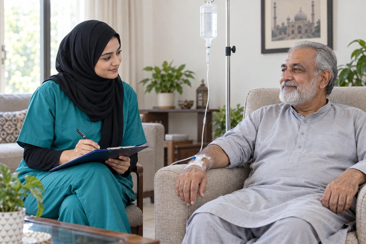 Nurse observing an older patient during prescribed IV treatment at home.