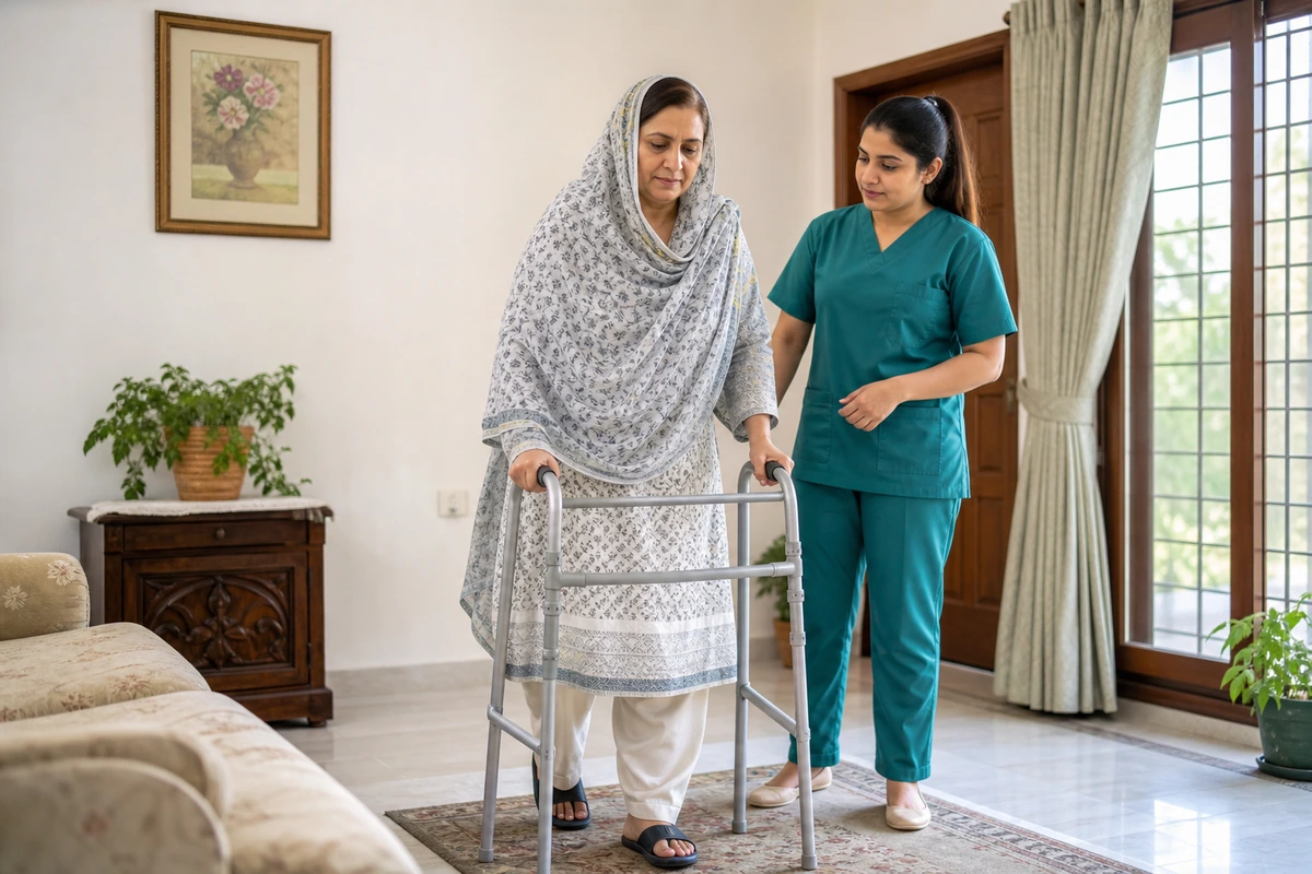 Physiotherapist supervising safe walking after knee replacement surgery