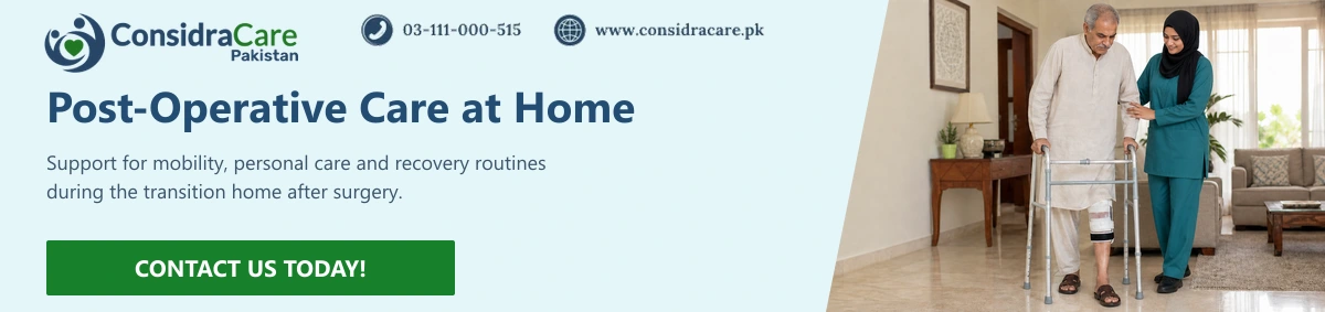 ConsidraCare post-operative care banner with a caregiver supporting an older patient at home