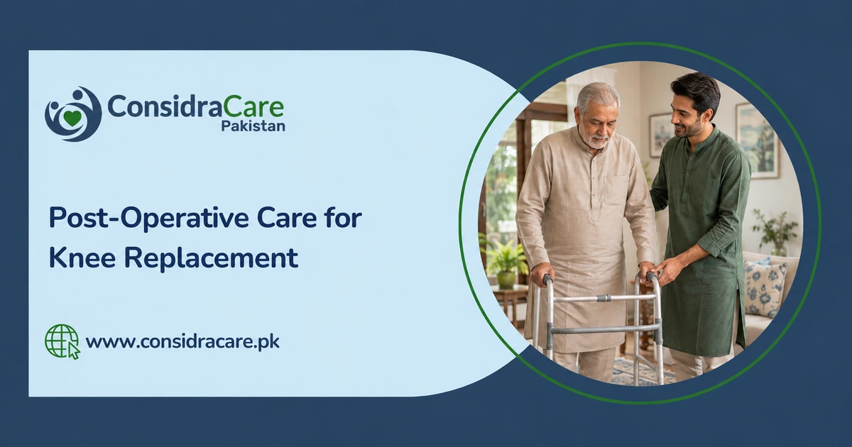 Older Pakistani adult receiving mobility support at home after knee replacement surgery