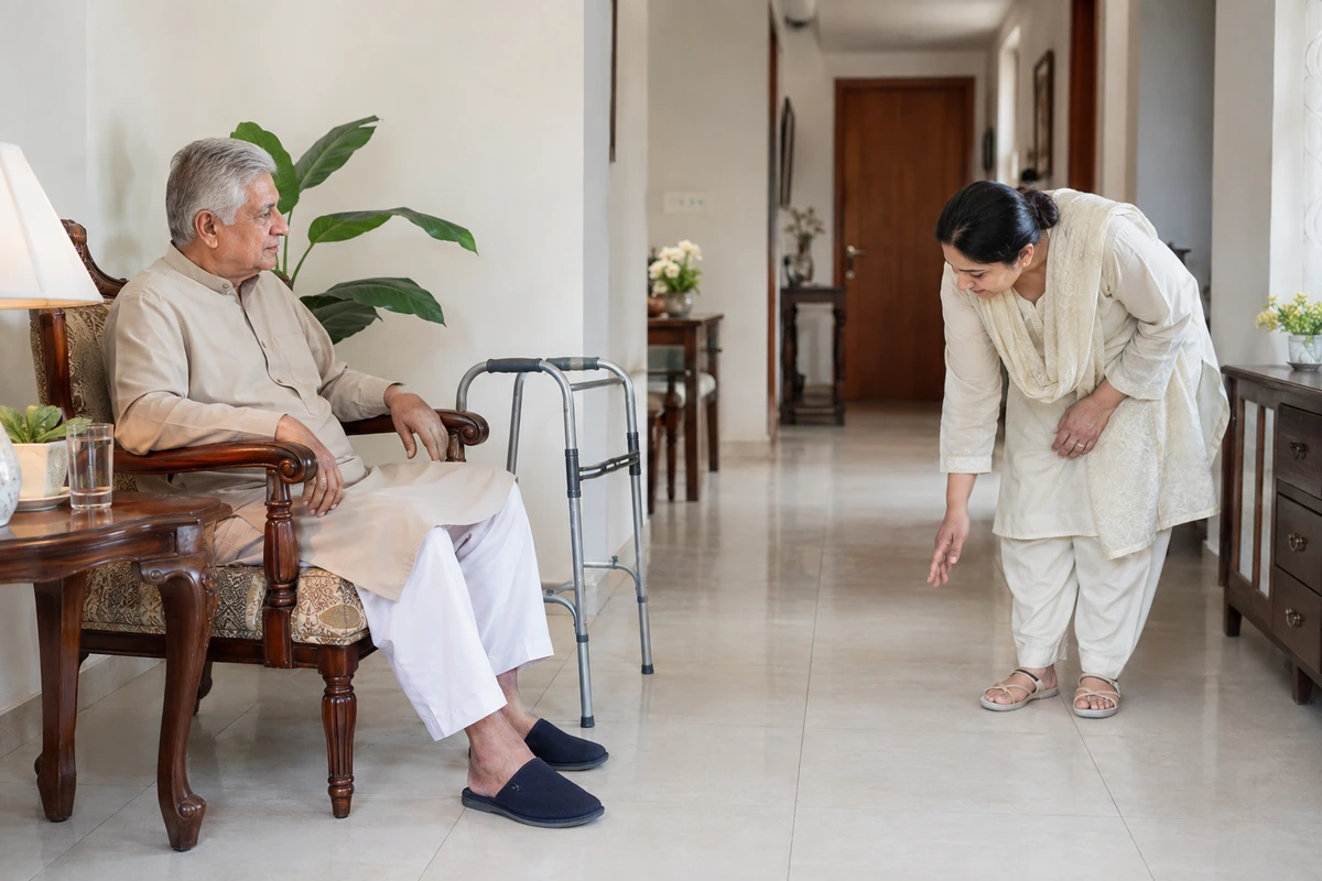 Safe home setup with a clear walkway and mobility equipment for knee replacement recovery