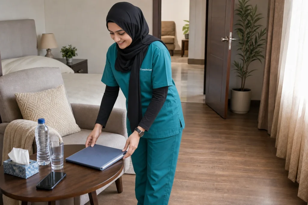 ConsidraCare caregiver preparing a safe home recovery area after surgery