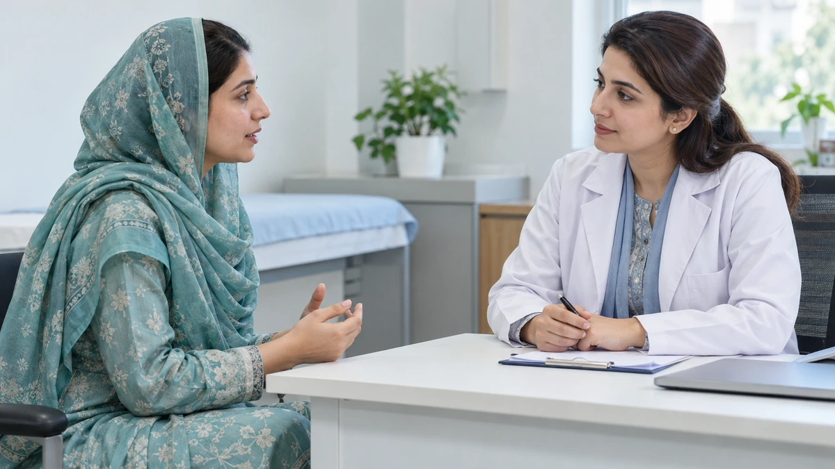 Pakistani woman discussing a breast change with a doctor