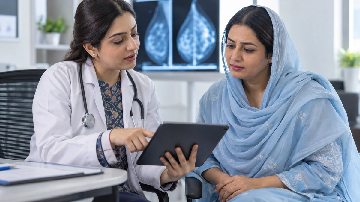 Doctor explaining breast imaging results to a Pakistani patient