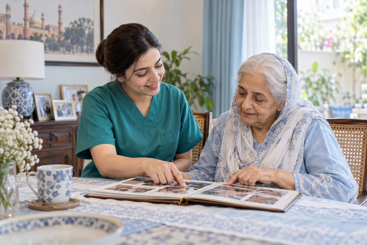 Caretaker supporting an older person living with dementia at home