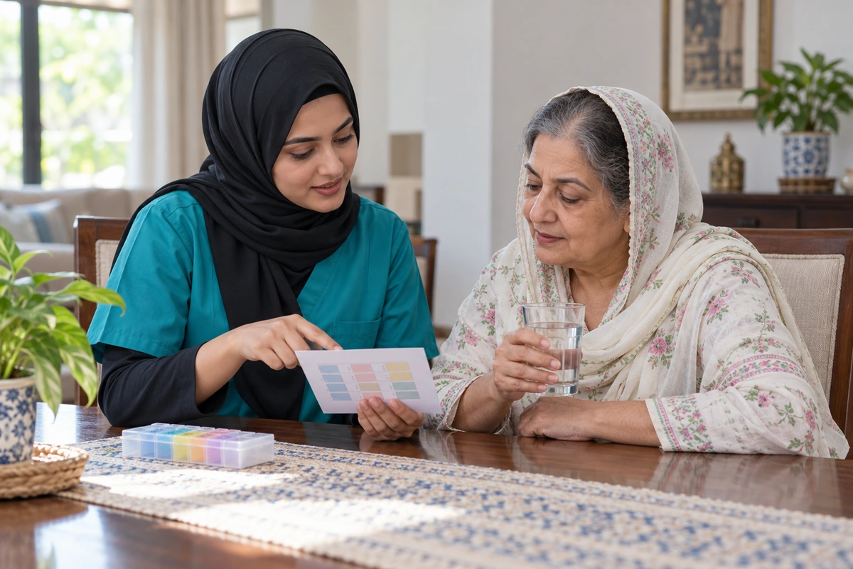Female patient attendant reviewing a medication reminder schedule with an older woman