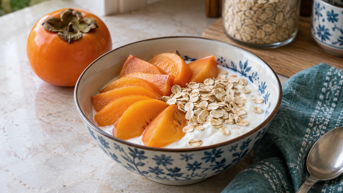 Sliced Japani phal served with plain yoghurt and oats in a Pakistani kitchen