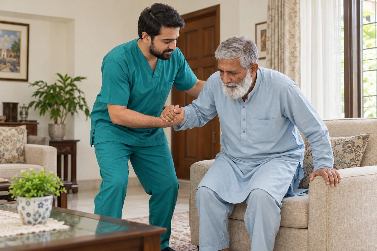 Male patient attendant helping an older man rise safely from a chair at home