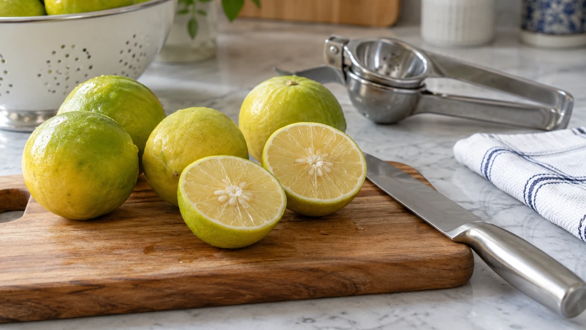 Fresh sweet lime prepared hygienically on a clean kitchen worktop