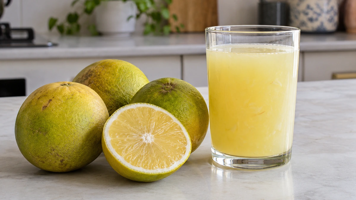 Whole sweet lime with pulp beside a glass of fresh unsweetened juice